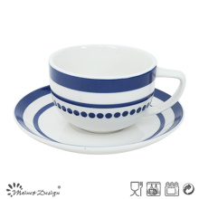 Taza y plato de porcelana de 8oz con elegante etiqueta azul